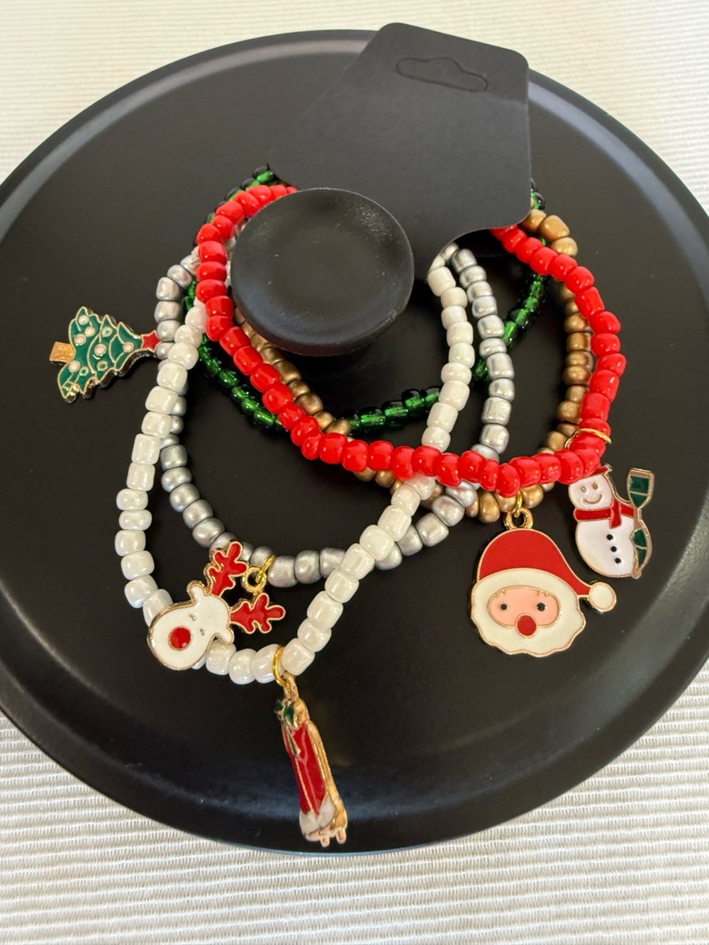 Christmas Stackable Beaded Charm Bracelet 6.89in Multicolor Dangle Charms